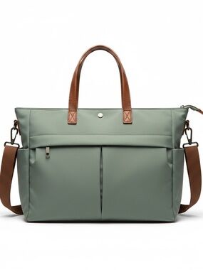 EVERYDAY TOTE Sage Green Nylon Bag Brown Handles